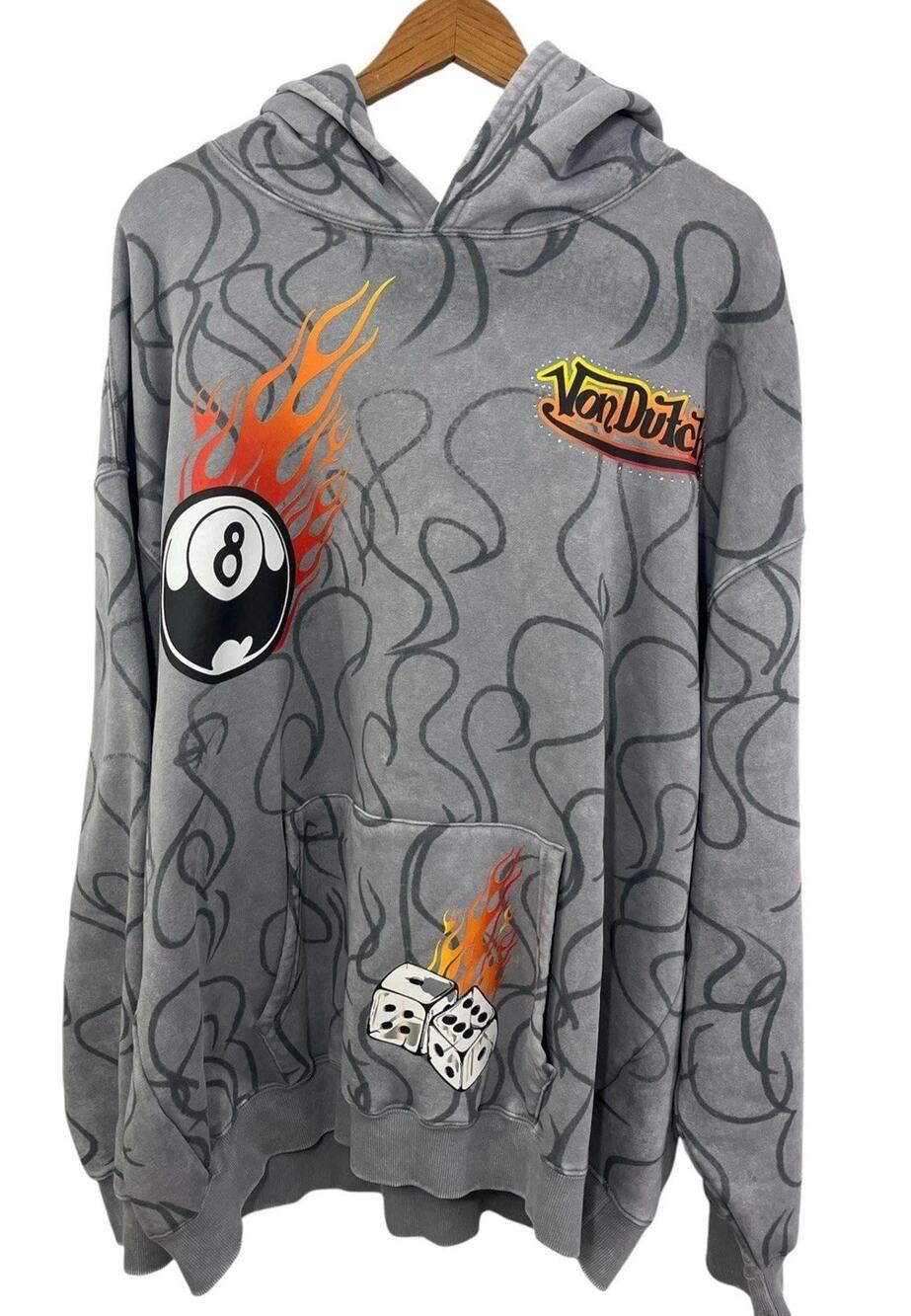 Von Dutch Hoodie Mens Grey XL Y2K 8-Ball Angel Pinup Dice Flaming Boxy NWT